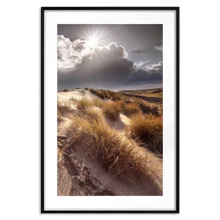 Poster Trembling Whispers - sunlit meadow landscape against dense clouds 138045 additionalImage 14