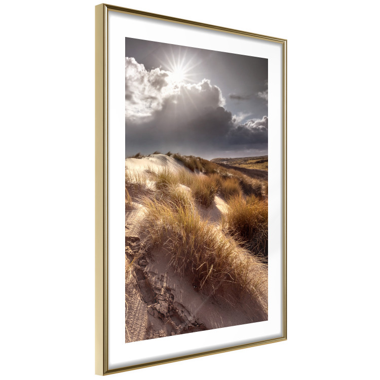 Poster Trembling Whispers - sunlit meadow landscape against dense clouds 138045 additionalImage 2