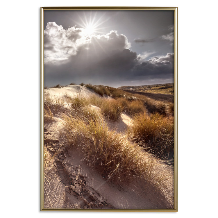 Poster Trembling Whispers - sunlit meadow landscape against dense clouds 138045 additionalImage 9