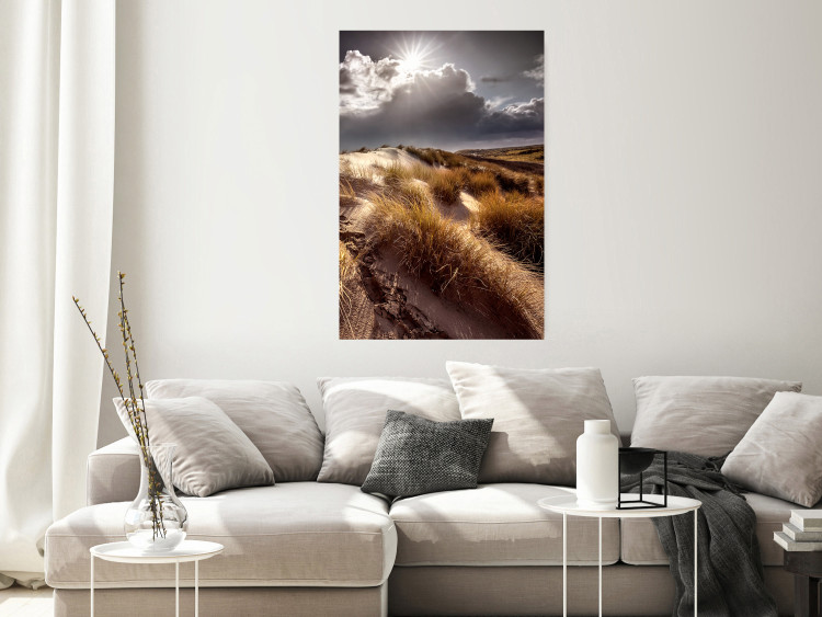 Poster Trembling Whispers - sunlit meadow landscape against dense clouds 138045 additionalImage 17