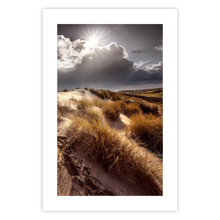 Poster Trembling Whispers - sunlit meadow landscape against dense clouds 138045 additionalImage 11