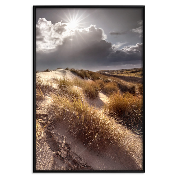 Poster Trembling Whispers - sunlit meadow landscape against dense clouds 138045 additionalImage 10