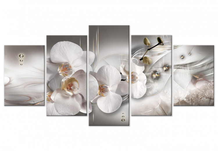 Canvas Art Print White Orchid - Composition with White Flowers with Pearls and Diamonds 146445