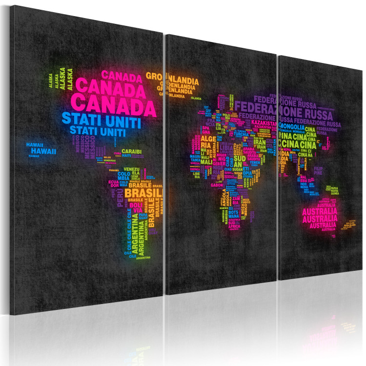 Canvas Print Neon World Map (3-piece) - country names in Italian 149645 additionalImage 2