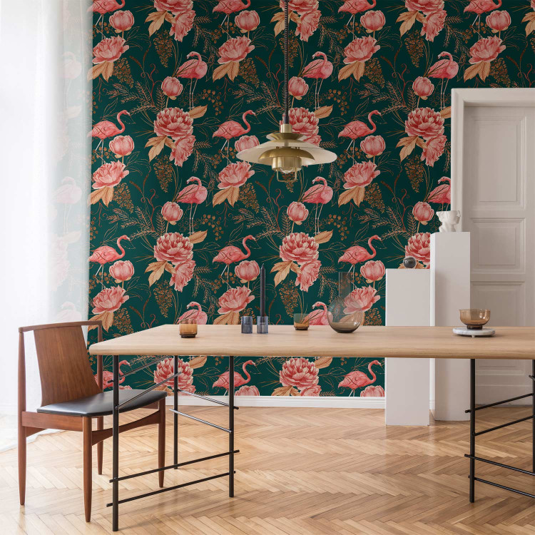 Wallpaper Flamingo Pattern - Birds and Flowers Among Leaves on a Turquoise Background 150045 additionalImage 8