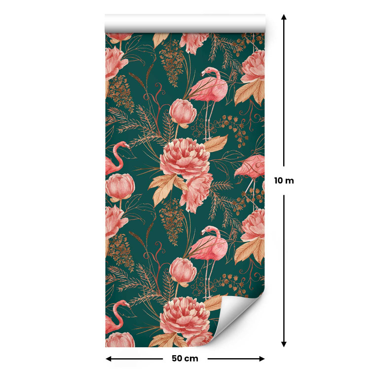 Wallpaper Flamingo Pattern - Birds and Flowers Among Leaves on a Turquoise Background 150045 additionalImage 2