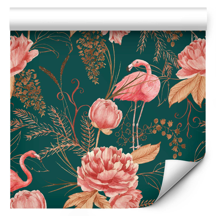 Wallpaper Flamingo Pattern - Birds and Flowers Among Leaves on a Turquoise Background 150045 additionalImage 1
