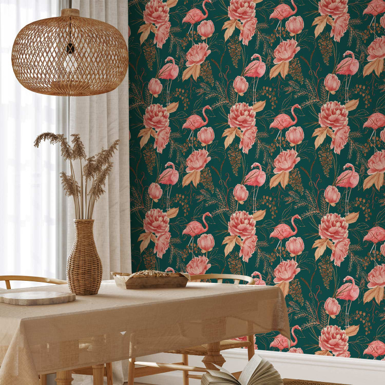 Wallpaper Flamingo Pattern - Birds and Flowers Among Leaves on a Turquoise Background 150045 additionalImage 5