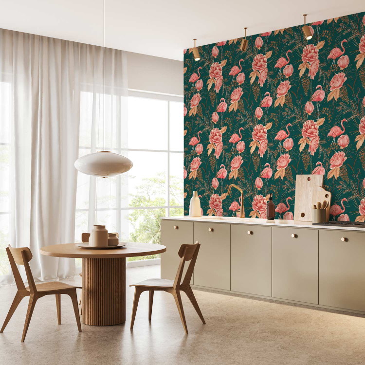 Wallpaper Flamingo Pattern - Birds and Flowers Among Leaves on a Turquoise Background 150045 additionalImage 9