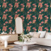 Wallpaper Flamingo Pattern - Birds and Flowers Among Leaves on a Turquoise Background 150045