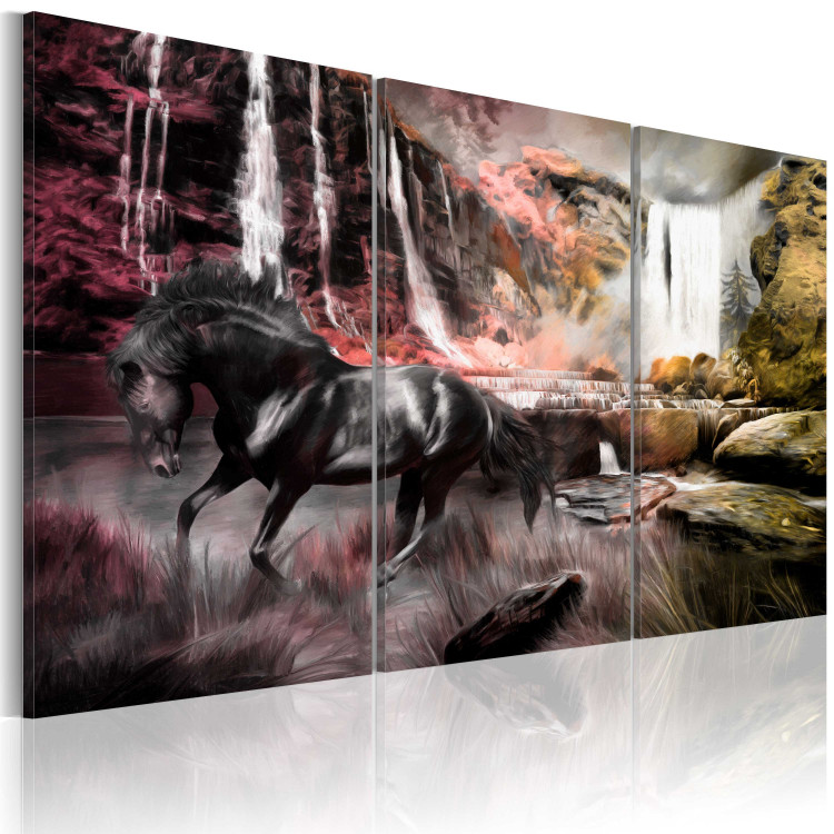 Canvas Print Waterfall and horse - a natural stone landscape with a black animal 55645 additionalImage 2