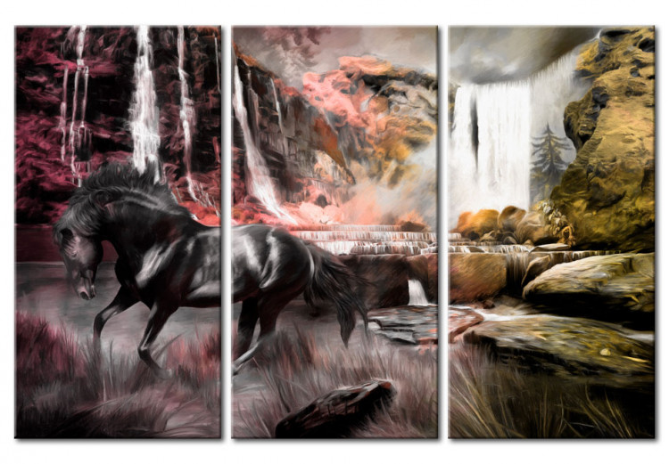 Canvas Print Waterfall and horse - a natural stone landscape with a black animal 55645