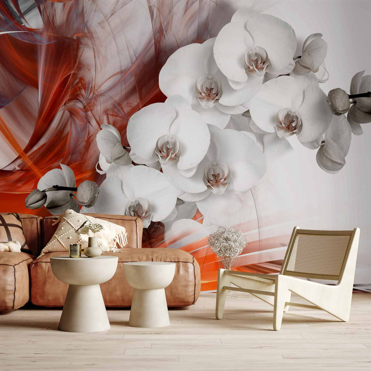 Wall Mural Flowers on Fire - Black and white orchid with orange smoke pattern 61845