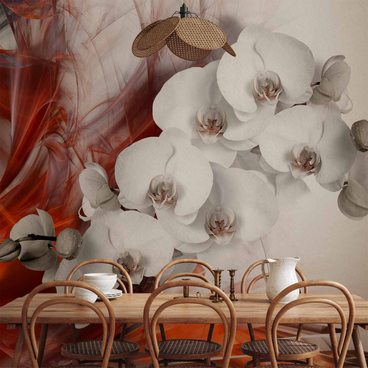 Wall Mural Flowers on Fire - Black and white orchid with orange smoke pattern 61845 additionalImage 4