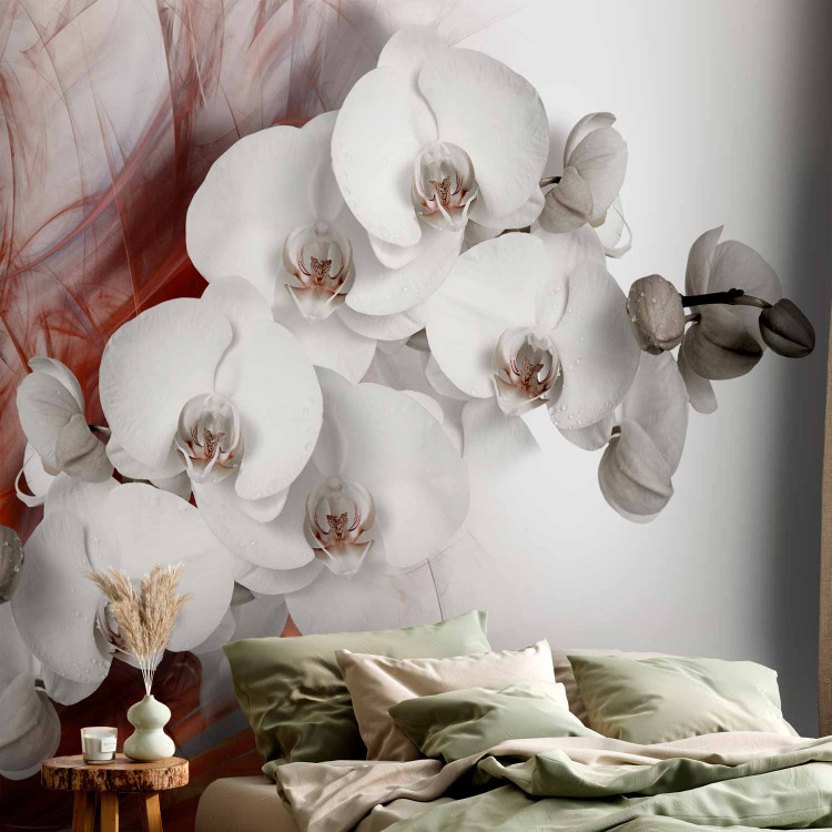 Wall Mural Flowers on Fire - Black and white orchid with orange smoke pattern 61845 additionalImage 2
