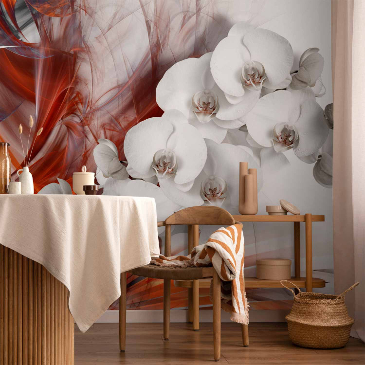 Wall Mural Flowers on Fire - Black and white orchid with orange smoke pattern 61845 additionalImage 6