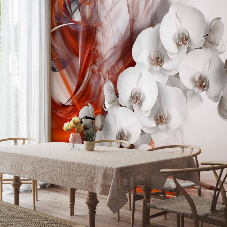 Wall Mural Flowers on Fire - Black and white orchid with orange smoke pattern 61845 additionalImage 7
