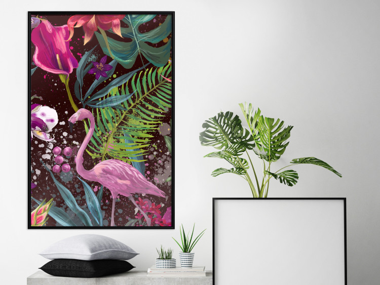 Wall Poster Land of Flamingos - abstract pink bird on a colorful background of plants 128755 additionalImage 6