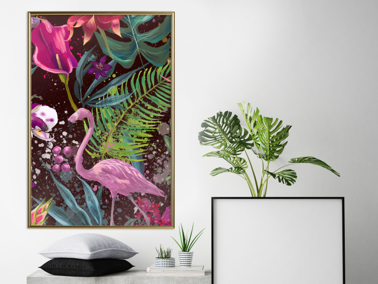 Wall Poster Land of Flamingos - abstract pink bird on a colorful background of plants 128755 additionalImage 7