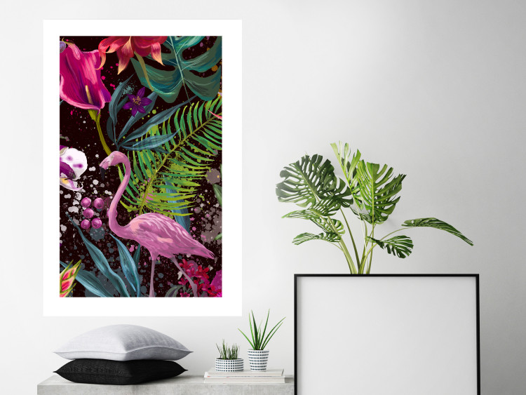 Wall Poster Land of Flamingos - abstract pink bird on a colorful background of plants 128755 additionalImage 5