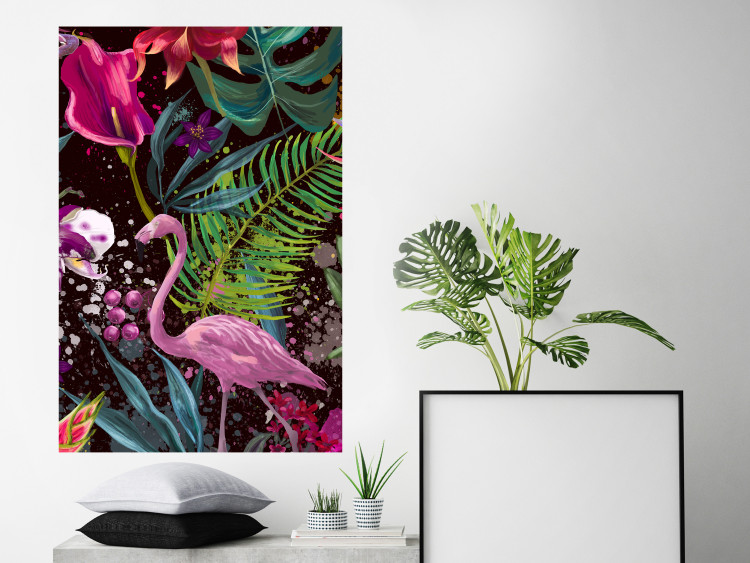 Wall Poster Land of Flamingos - abstract pink bird on a colorful background of plants 128755 additionalImage 4