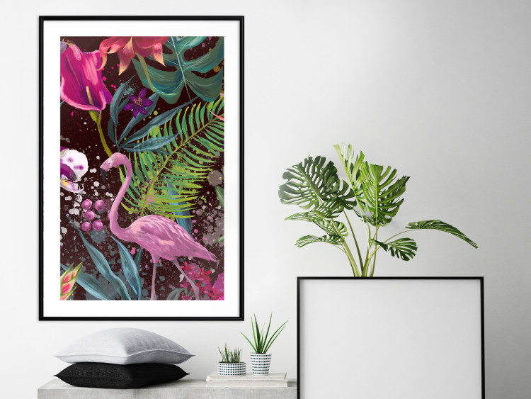 Wall Poster Land of Flamingos - abstract pink bird on a colorful background of plants 128755 additionalImage 15