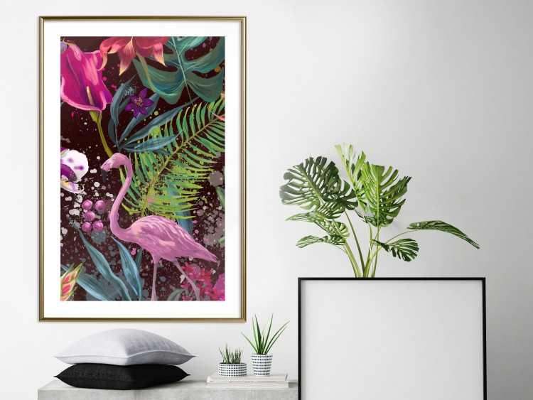 Wall Poster Land of Flamingos - abstract pink bird on a colorful background of plants 128755 additionalImage 13