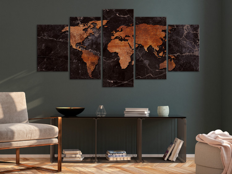 Canvas Art Print Copper Map (5-part) wide - world map on a metallic background 128855 additionalImage 3