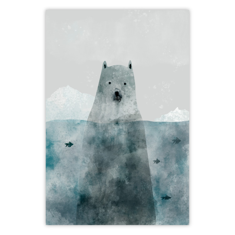 Poster Polar Bear - animal in water with fish against a winter composition background 130755