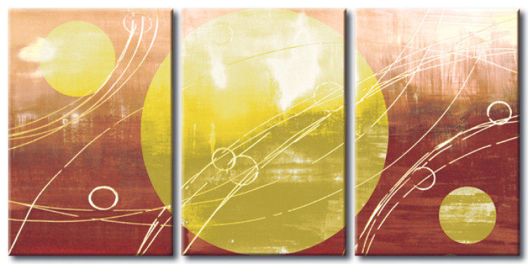 Canvas Abstraction (3-piece) - Yellow geometric figures on a brown background 47955