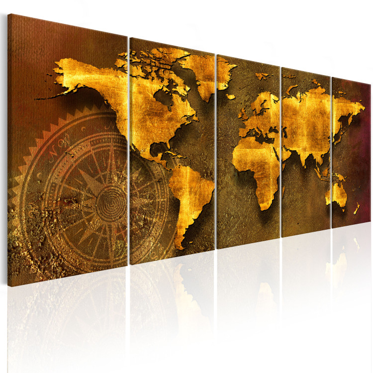 Canvas Print Far Journeys (5-piece) - World Map and Compass in Golden Aesthetic 105765 additionalImage 2