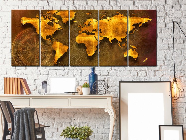 Canvas Print Far Journeys (5-piece) - World Map and Compass in Golden Aesthetic 105765 additionalImage 3