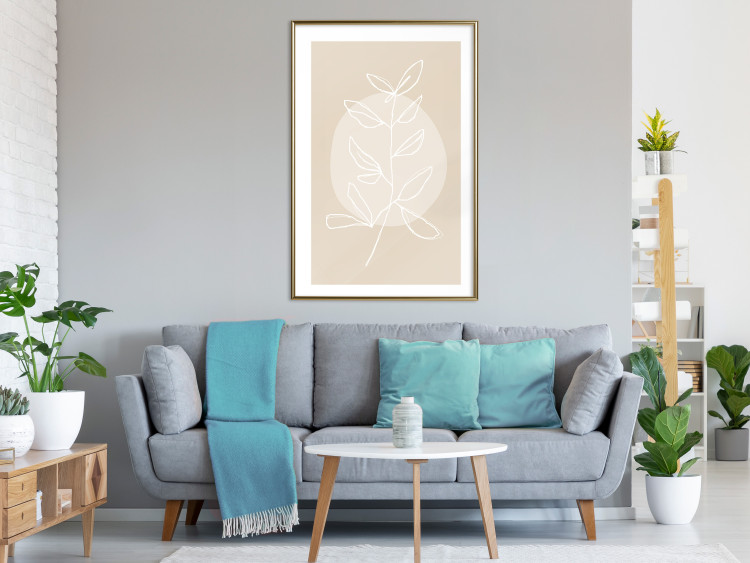 Wall Poster Bright Twig - white line art plant with leaves on a light beige background 125665 additionalImage 15
