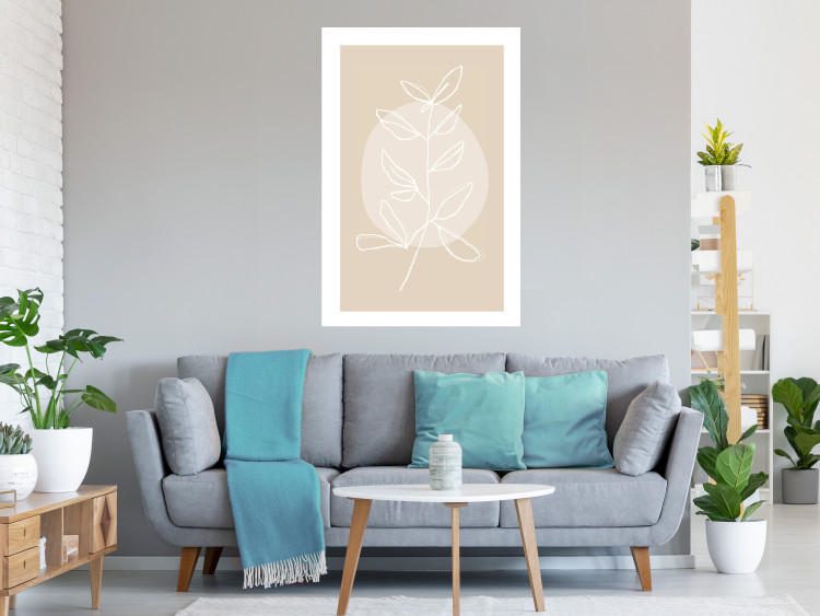 Wall Poster Bright Twig - white line art plant with leaves on a light beige background 125665 additionalImage 2