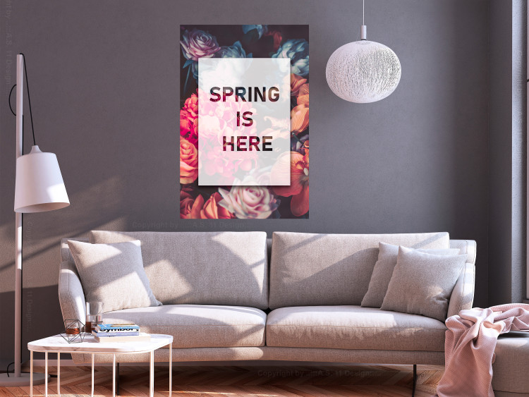 Poster Spring Is Here - English inscriptions in a white frame on a background of flowers 127065 additionalImage 4