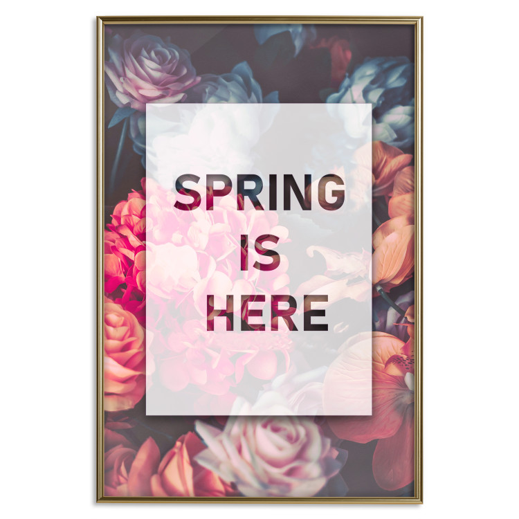 Poster Spring Is Here - English inscriptions in a white frame on a background of flowers 127065 additionalImage 26
