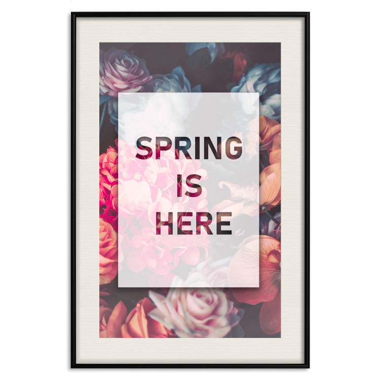 Poster Spring Is Here - English inscriptions in a white frame on a background of flowers 127065 additionalImage 23