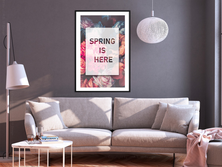 Poster Spring Is Here - English inscriptions in a white frame on a background of flowers 127065 additionalImage 19
