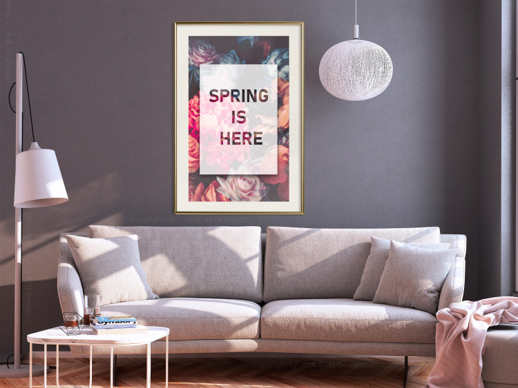 Poster Spring Is Here - English inscriptions in a white frame on a background of flowers 127065 additionalImage 18