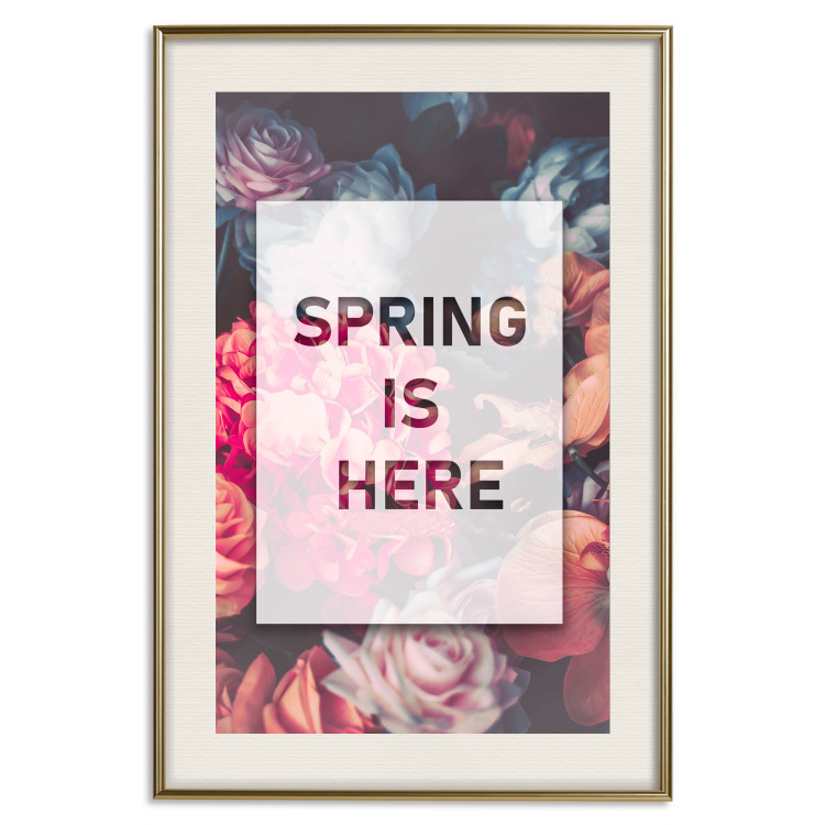Poster Spring Is Here - English inscriptions in a white frame on a background of flowers 127065 additionalImage 20