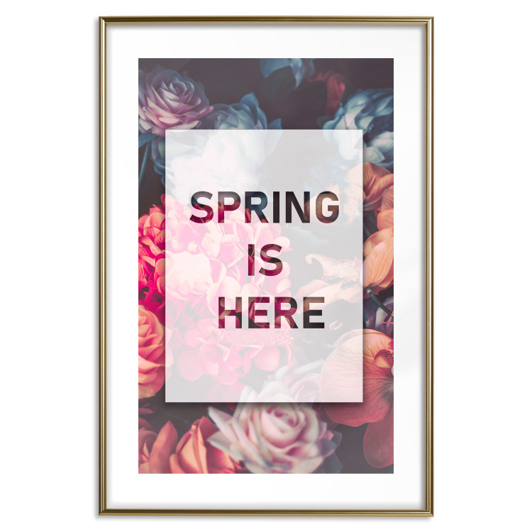 Poster Spring Is Here - English inscriptions in a white frame on a background of flowers 127065 additionalImage 22