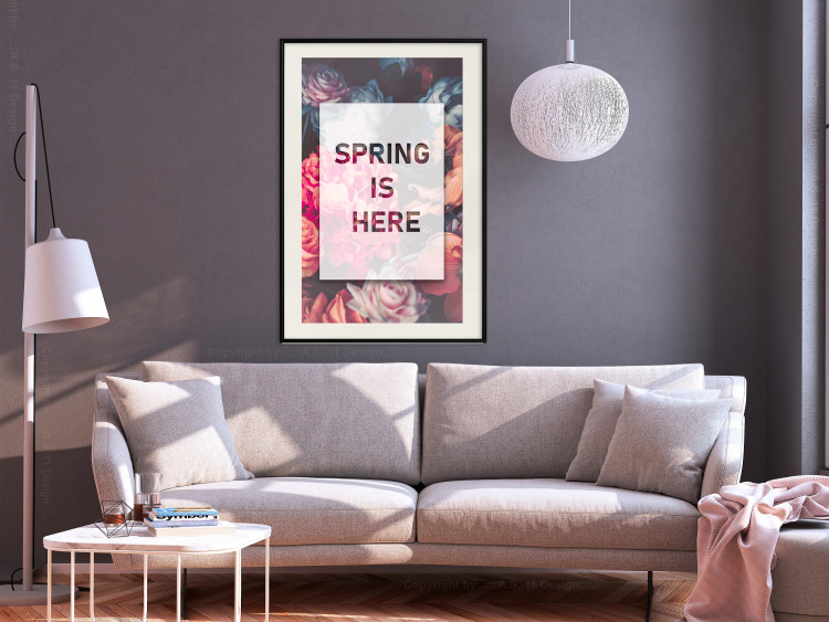 Poster Spring Is Here - English inscriptions in a white frame on a background of flowers 127065 additionalImage 16