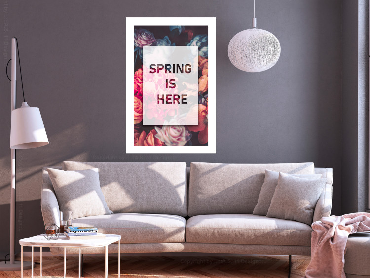 Poster Spring Is Here - English inscriptions in a white frame on a background of flowers 127065 additionalImage 5