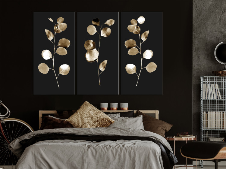 Canvas Golden Twilight (3-piece) - glamour-style plants on black background 131965 additionalImage 3
