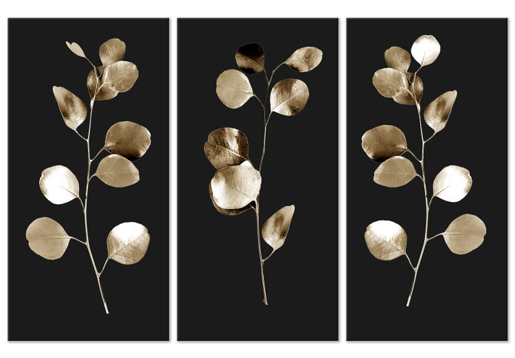 Canvas Golden Twilight (3-piece) - glamour-style plants on black background 131965
