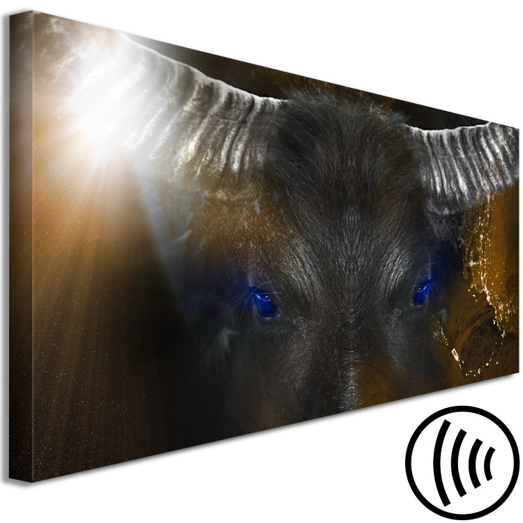 Canvas A dangerous bull - head with horns and blue eyes on a gold background 135565 additionalImage 6