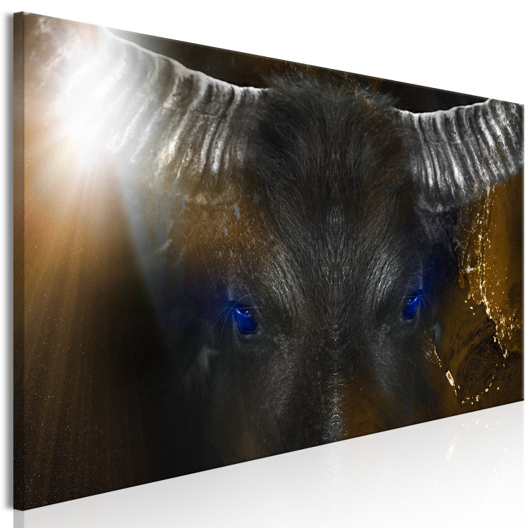 Canvas A dangerous bull - head with horns and blue eyes on a gold background 135565 additionalImage 2