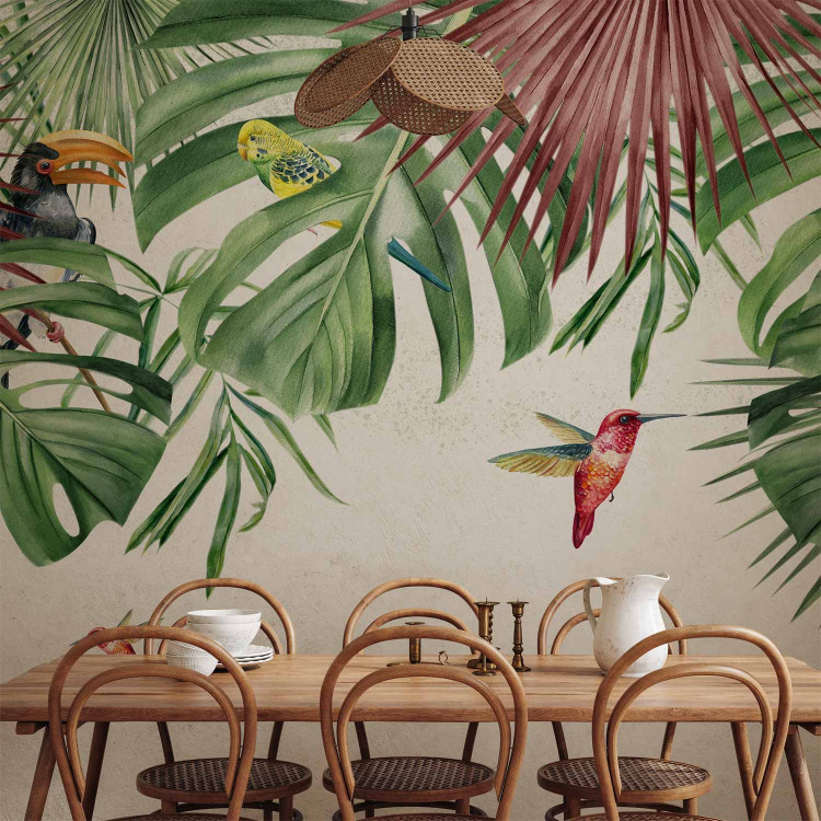 Wall Mural Merry birds - graphics with parrots sitting among tropical leaves 142065 additionalImage 6
