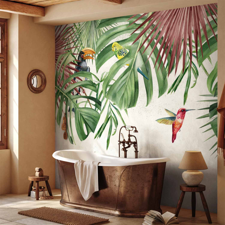 Wall Mural Merry birds - graphics with parrots sitting among tropical leaves 142065 additionalImage 8
