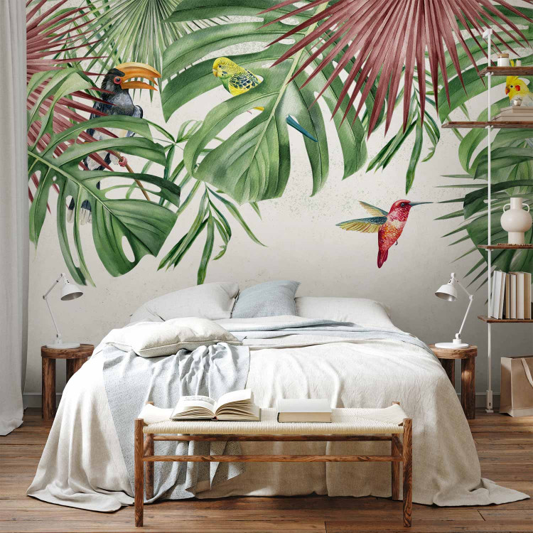 Wall Mural Merry birds - graphics with parrots sitting among tropical leaves 142065 additionalImage 2